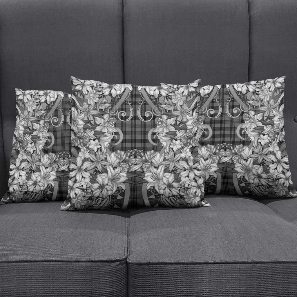 Hawaii Palaka Pillow Cover Black Tribal Pattern With Tropical Flowers - Polynesian Pride