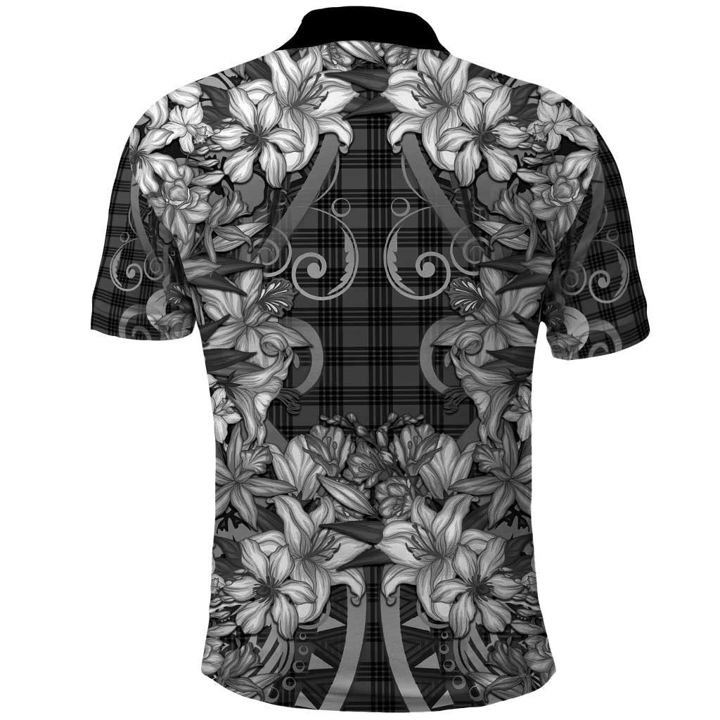 Hawaii Palaka Polo Shirt Black Tribal Pattern With Tropical Flowers - Polynesian Pride