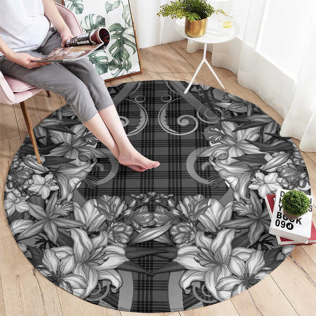 Hawaii Palaka Round Carpet Black Tribal Pattern With Tropical Flowers LT05 - Polynesian Pride