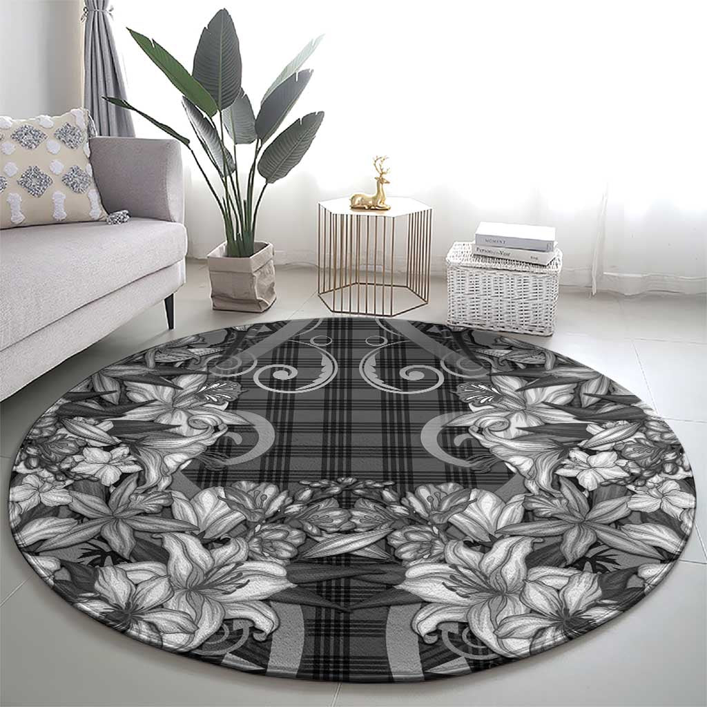 Hawaii Palaka Round Carpet Black Tribal Pattern With Tropical Flowers LT05 - Polynesian Pride