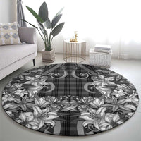 Hawaii Palaka Round Carpet Black Tribal Pattern With Tropical Flowers LT05 - Polynesian Pride