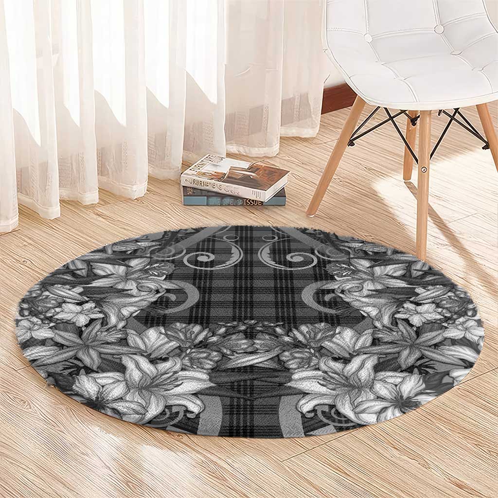 Hawaii Palaka Round Carpet Black Tribal Pattern With Tropical Flowers LT05 - Polynesian Pride