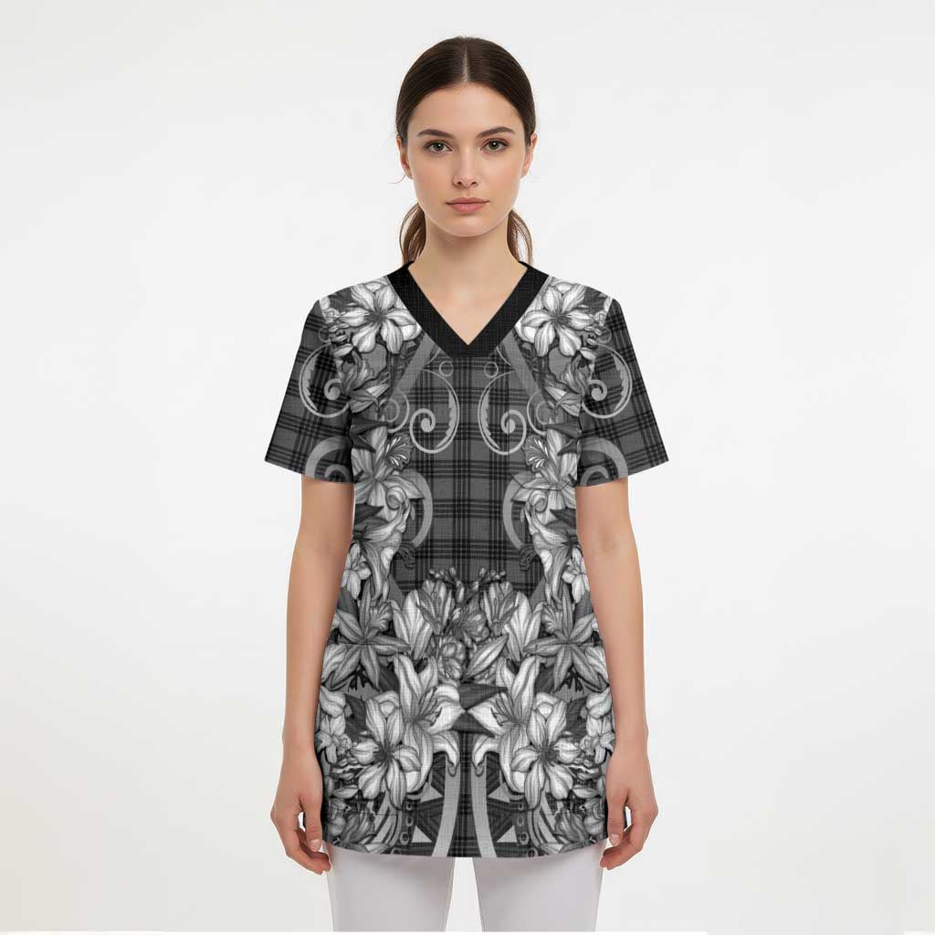 Hawaii Palaka Scrub Top Black Tribal Pattern With Tropical Flowers - Polynesian Pride
