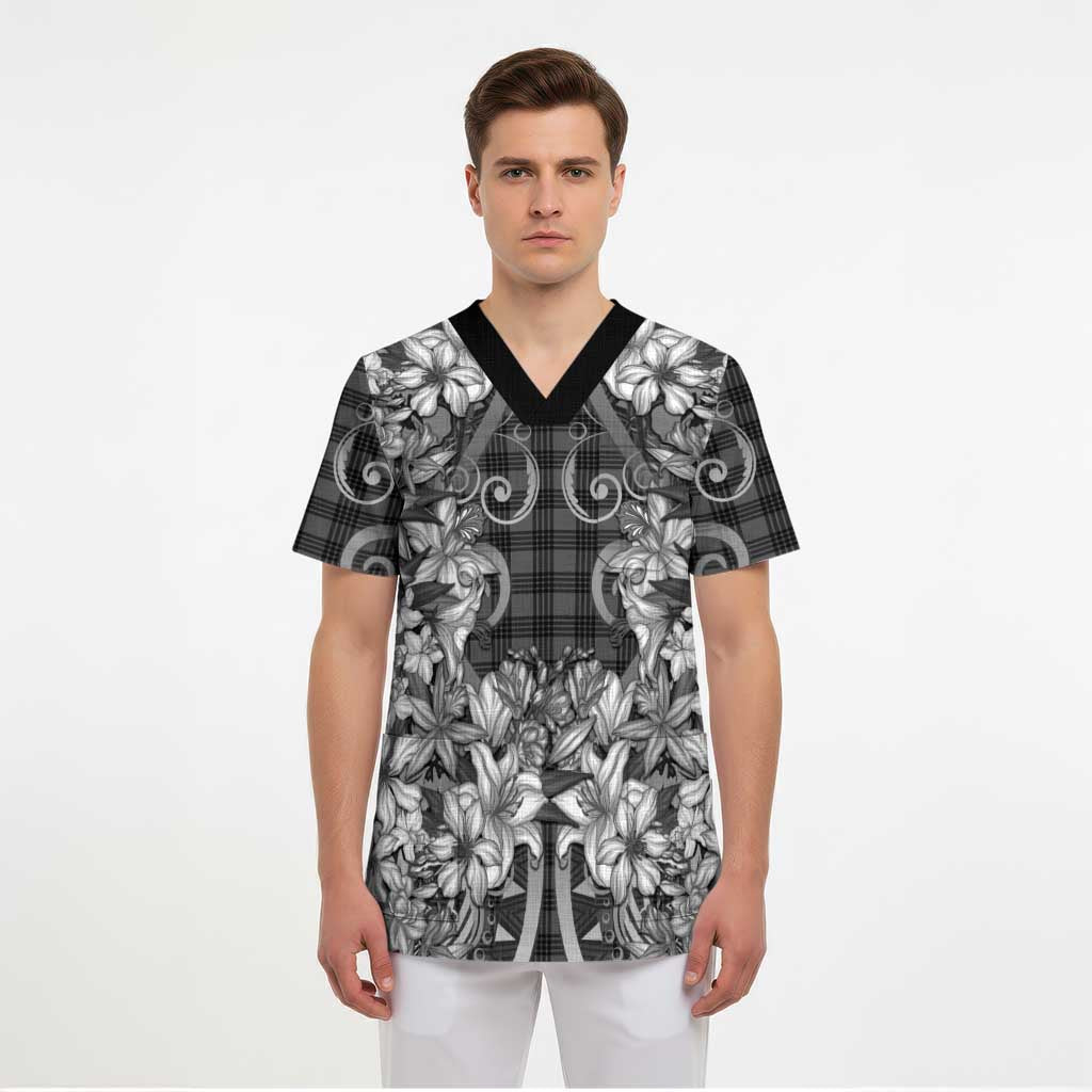 Hawaii Palaka Scrub Top Black Tribal Pattern With Tropical Flowers - Polynesian Pride