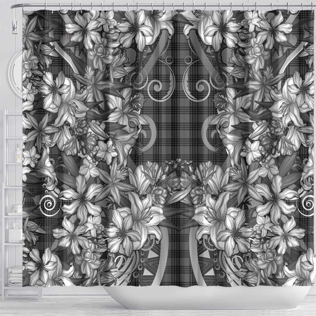 Hawaii Palaka Shower Curtain Black Tribal Pattern With Tropical Flowers - Polynesian Pride