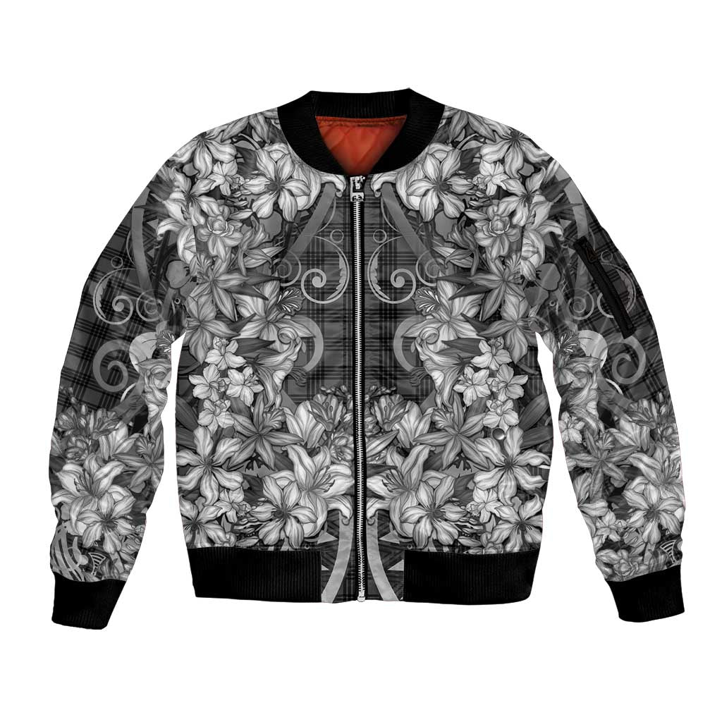 Hawaii Palaka Sleeve Zip Bomber Jacket Black Tribal Pattern With Tropical Flowers - Polynesian Pride