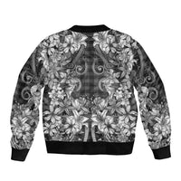 Hawaii Palaka Sleeve Zip Bomber Jacket Black Tribal Pattern With Tropical Flowers - Polynesian Pride
