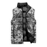 Hawaii Palaka Sleeveless Puffer Jacket Black Tribal Pattern With Tropical Flowers - Polynesian Pride