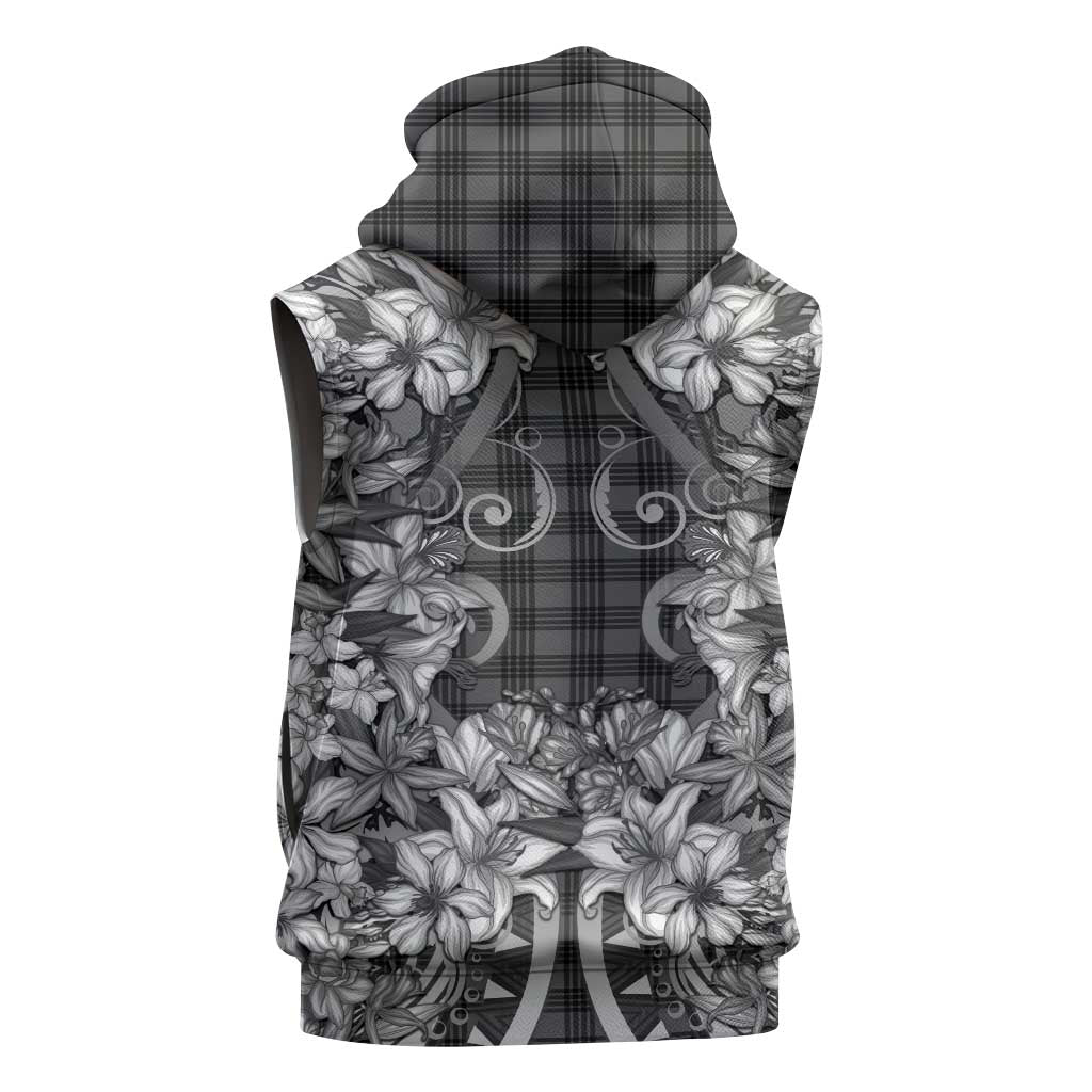 Hawaii Palaka Sleeveless Zip Hoodie Black Tribal Pattern With Tropical Flowers - Polynesian Pride