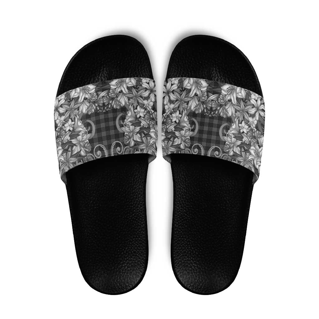 Hawaii Palaka Slide Sandals Black Tribal Pattern With Tropical Flowers - Polynesian Pride