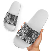 Hawaii Palaka Slide Sandals Black Tribal Pattern With Tropical Flowers - Polynesian Pride