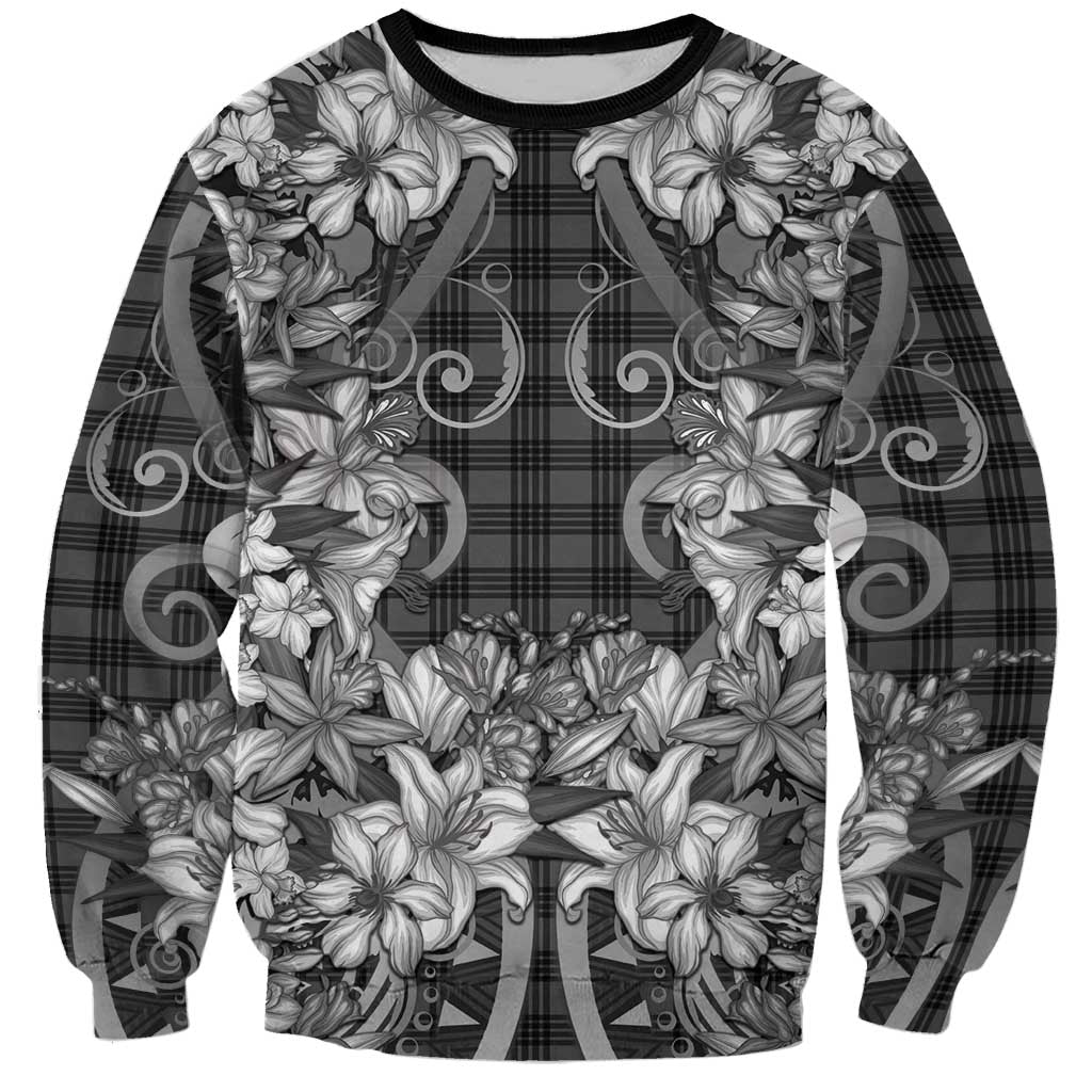 Hawaii Palaka Sweatshirt Black Tribal Pattern With Tropical Flowers - Polynesian Pride
