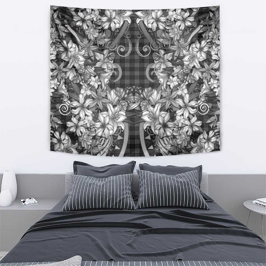 Hawaii Palaka Tapestry Black Tribal Pattern With Tropical Flowers - Polynesian Pride