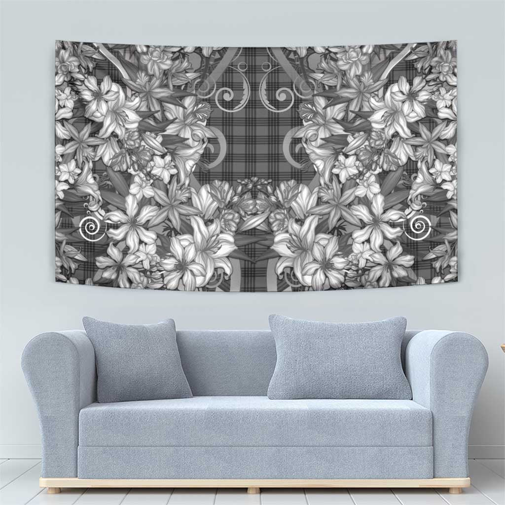 Hawaii Palaka Tapestry Black Tribal Pattern With Tropical Flowers - Polynesian Pride