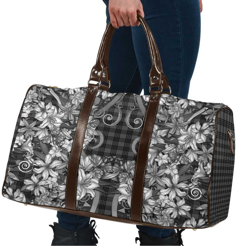 Hawaii Palaka Travel Bag Black Tribal Pattern With Tropical Flowers - Polynesian Pride
