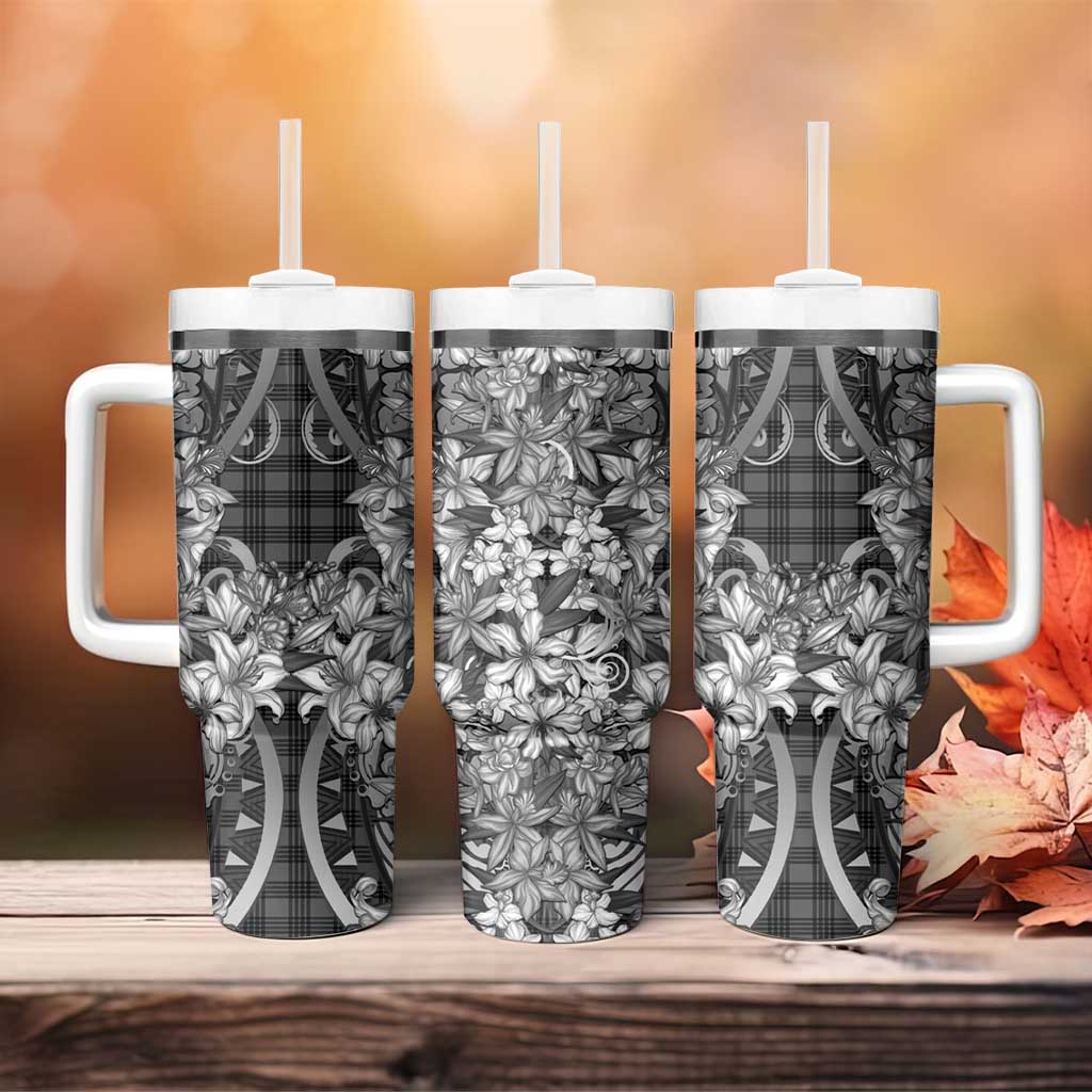 Hawaii Palaka Tumbler With Handle Black Tribal Pattern With Tropical Flowers - Polynesian Pride