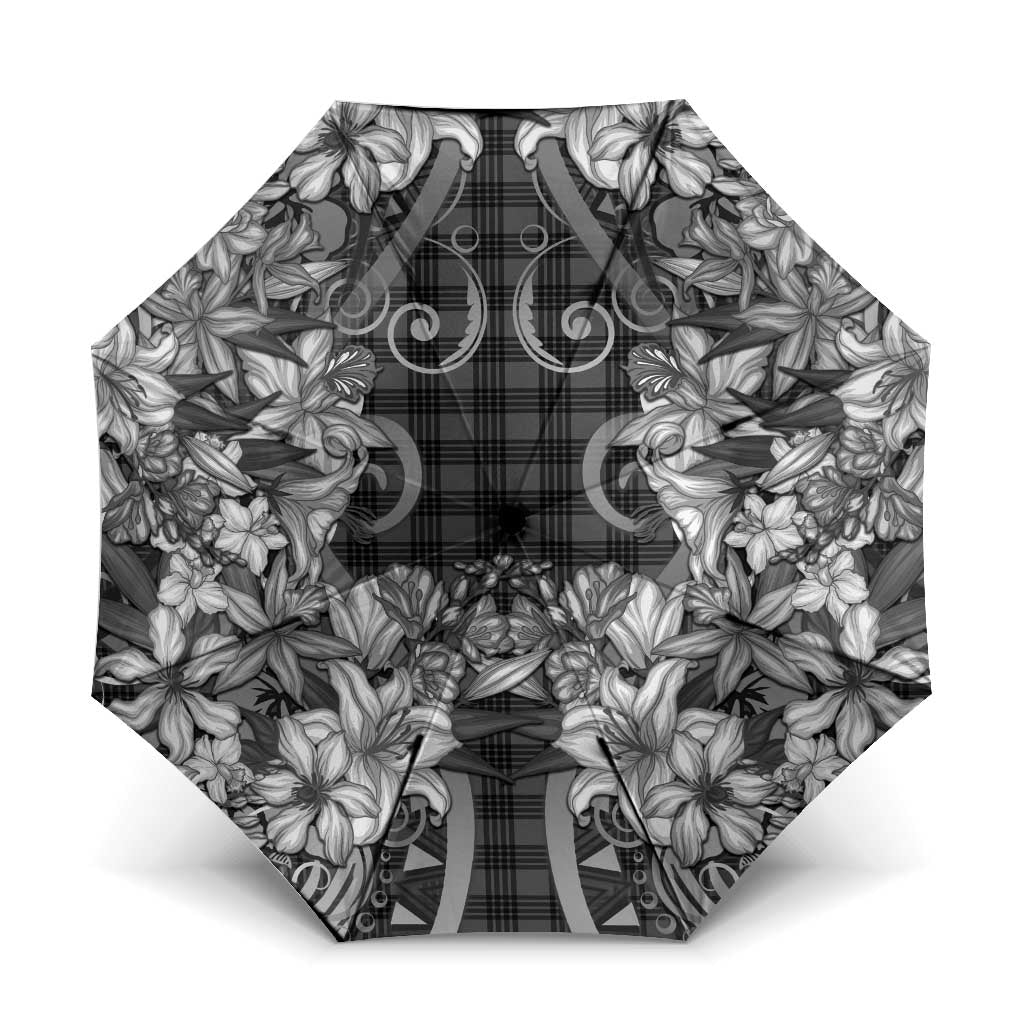 Hawaii Palaka Umbrella Black Tribal Pattern With Tropical Flowers - Polynesian Pride