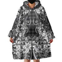 Hawaii Palaka Wearable Blanket Hoodie Black Tribal Pattern With Tropical Flowers - Polynesian Pride
