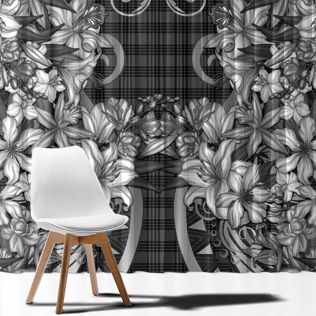 Hawaii Palaka Window Curtain Black Tribal Pattern With Tropical Flowers - Polynesian Pride