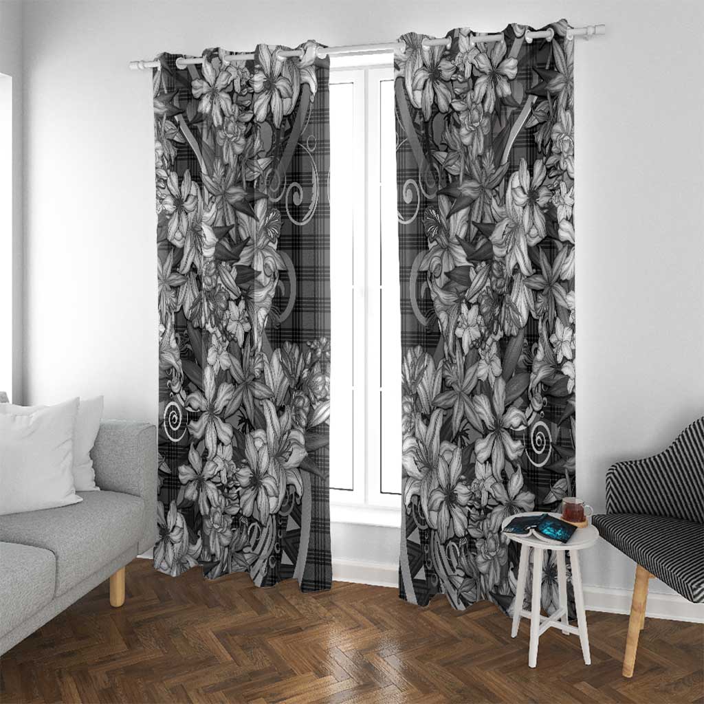 Hawaii Palaka Window Curtain Black Tribal Pattern With Tropical Flowers - Polynesian Pride