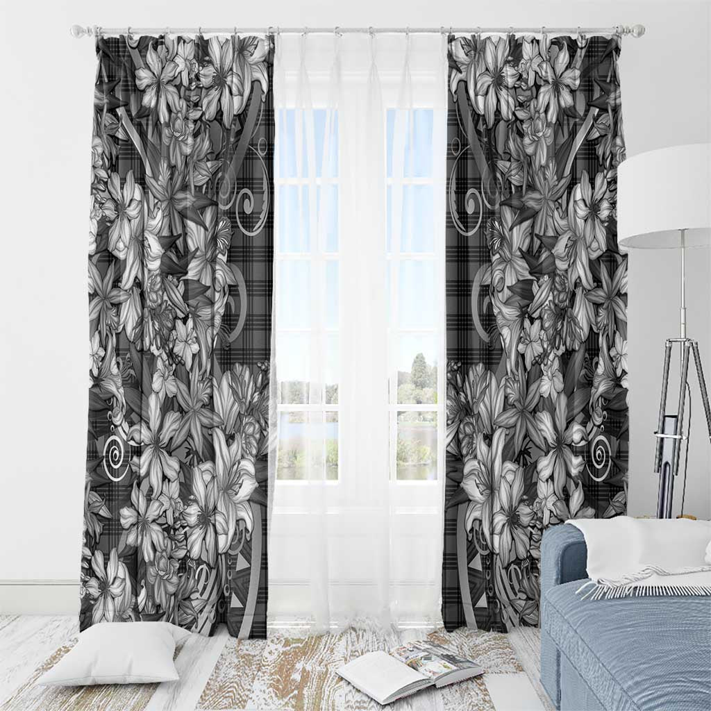 Hawaii Palaka Window Curtain Black Tribal Pattern With Tropical Flowers - Polynesian Pride