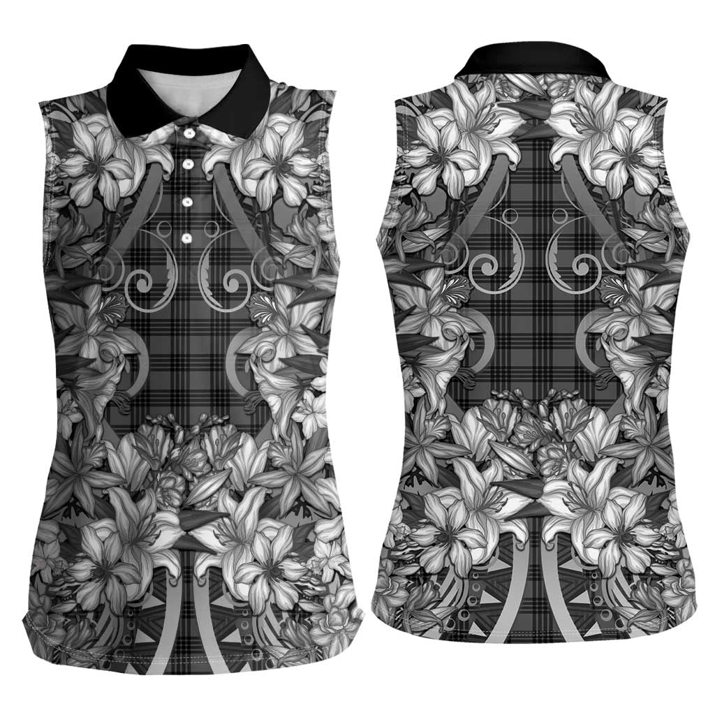 Hawaii Palaka Women Sleeveless Polo Shirt Black Tribal Pattern With Tropical Flowers - Polynesian Pride