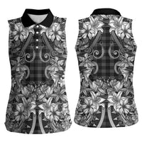 Hawaii Palaka Women Sleeveless Polo Shirt Black Tribal Pattern With Tropical Flowers - Polynesian Pride