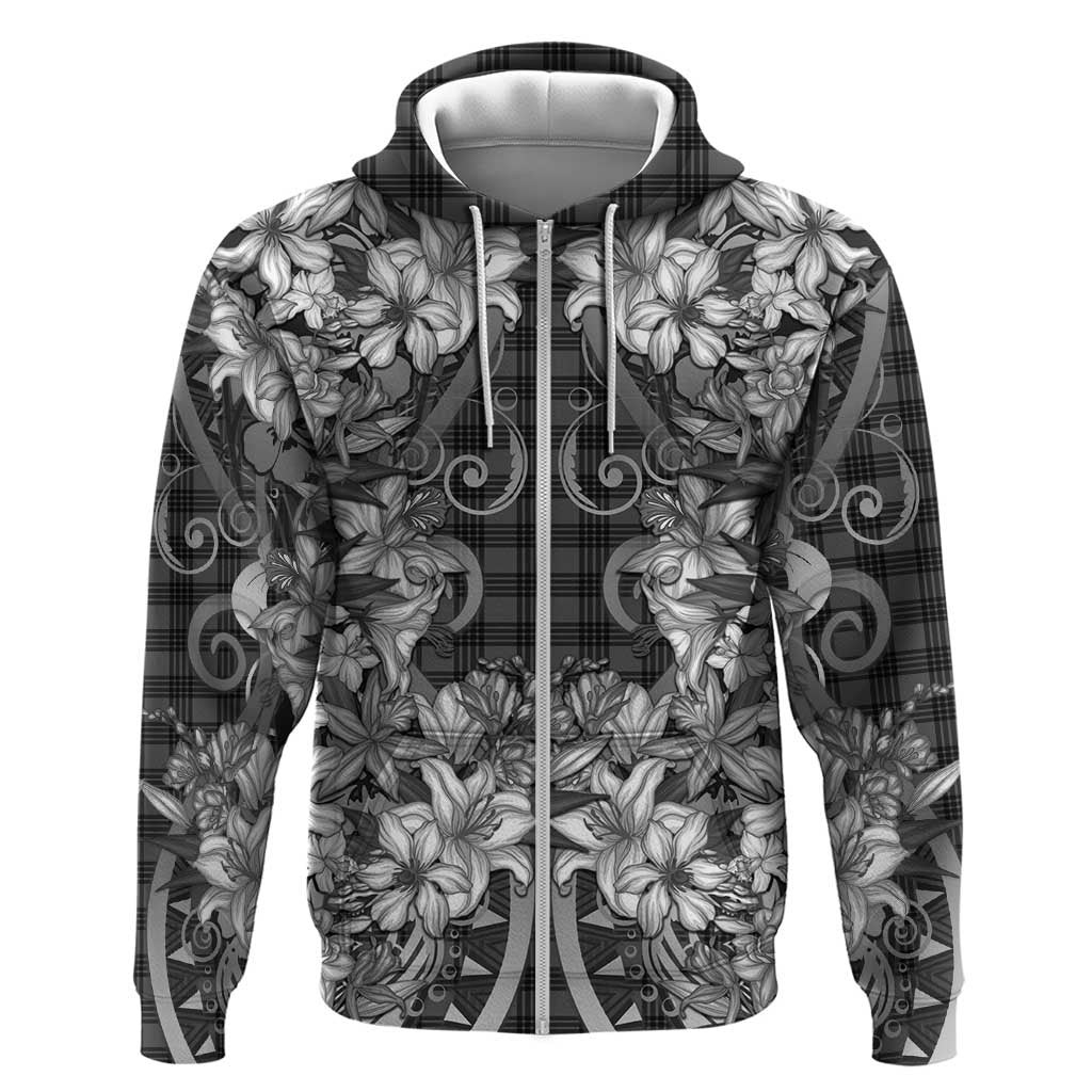Hawaii Palaka Zip Hoodie Black Tribal Pattern With Tropical Flowers - Polynesian Pride