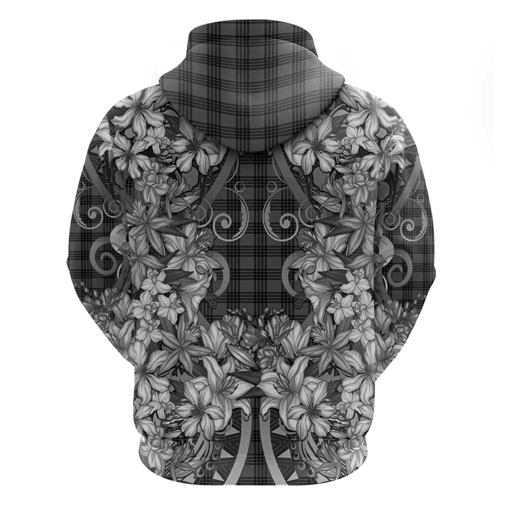 Hawaii Palaka Zip Hoodie Black Tribal Pattern With Tropical Flowers - Polynesian Pride