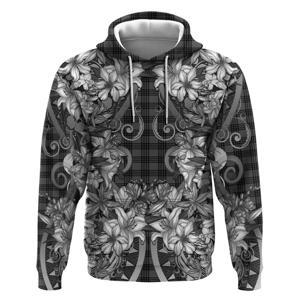 Hawaii Palaka Zip Hoodie Black Tribal Pattern With Tropical Flowers - Polynesian Pride