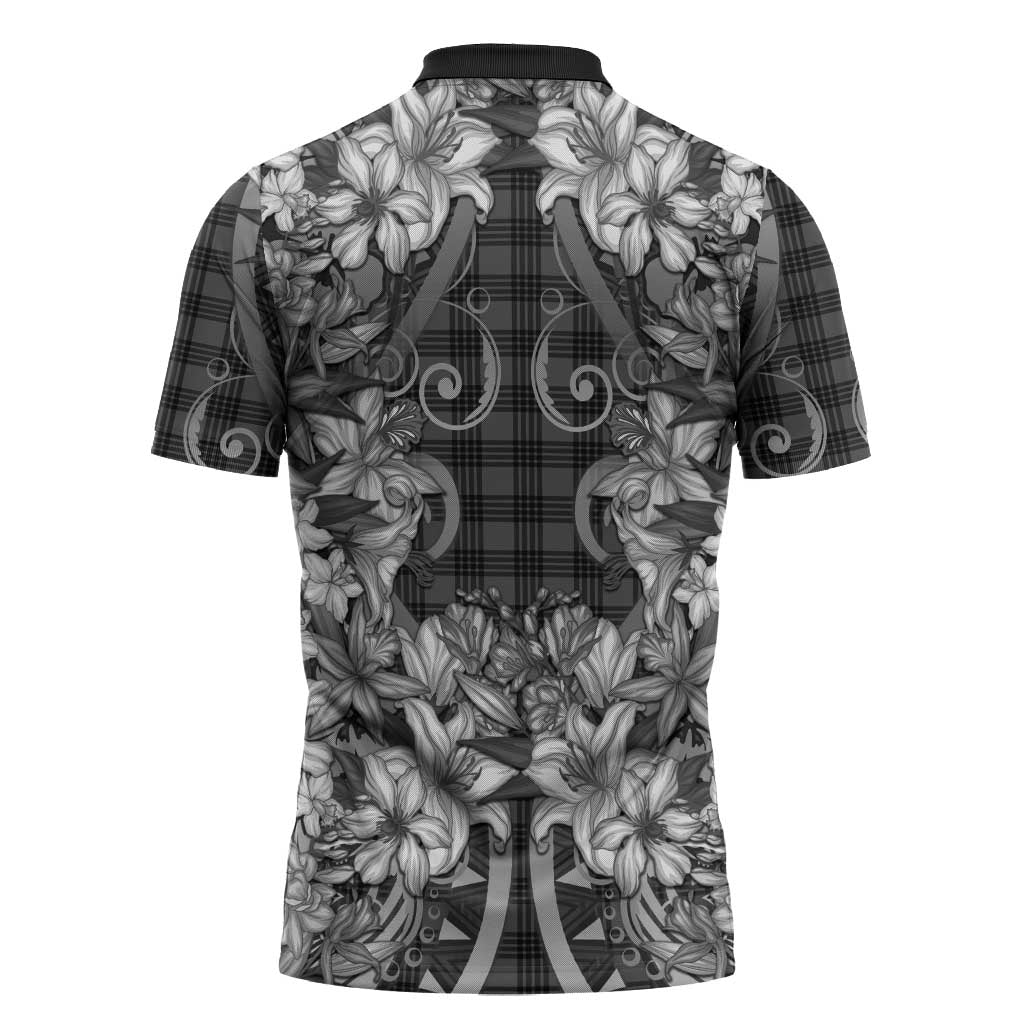 Hawaii Palaka Zipper Polo Shirt Black Tribal Pattern With Tropical Flowers - Polynesian Pride