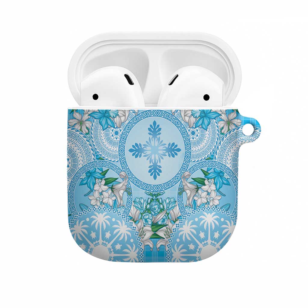 Hawaii Cyan Palaka AirPods Case With Tapa Pattern Tropical Flowers - Polynesian Pride