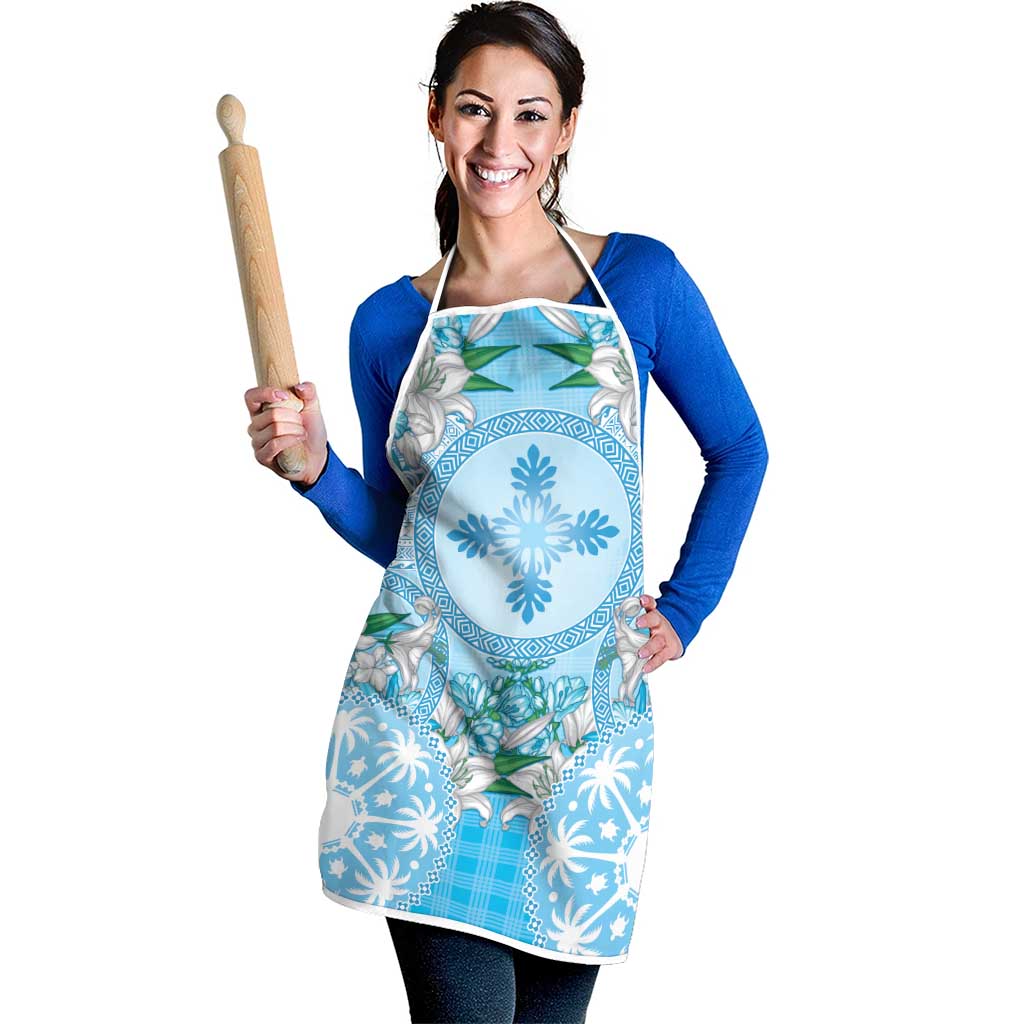 Hawaii Cyan Palaka Apron With Tapa Pattern Tropical Flowers - Polynesian Pride