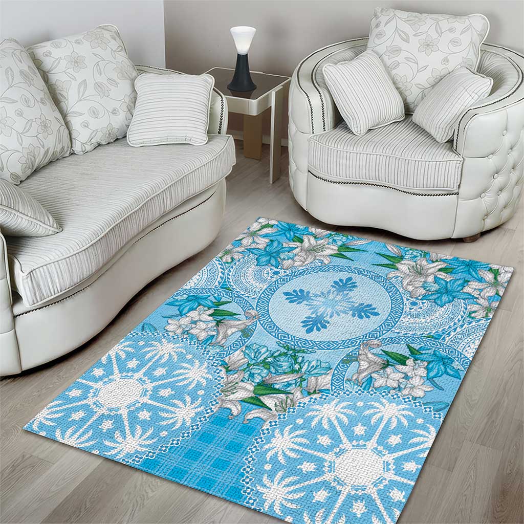 Hawaii Cyan Palaka Area Rug With Tapa Pattern Tropical Flowers - Polynesian Pride