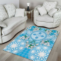 Hawaii Cyan Palaka Area Rug With Tapa Pattern Tropical Flowers - Polynesian Pride