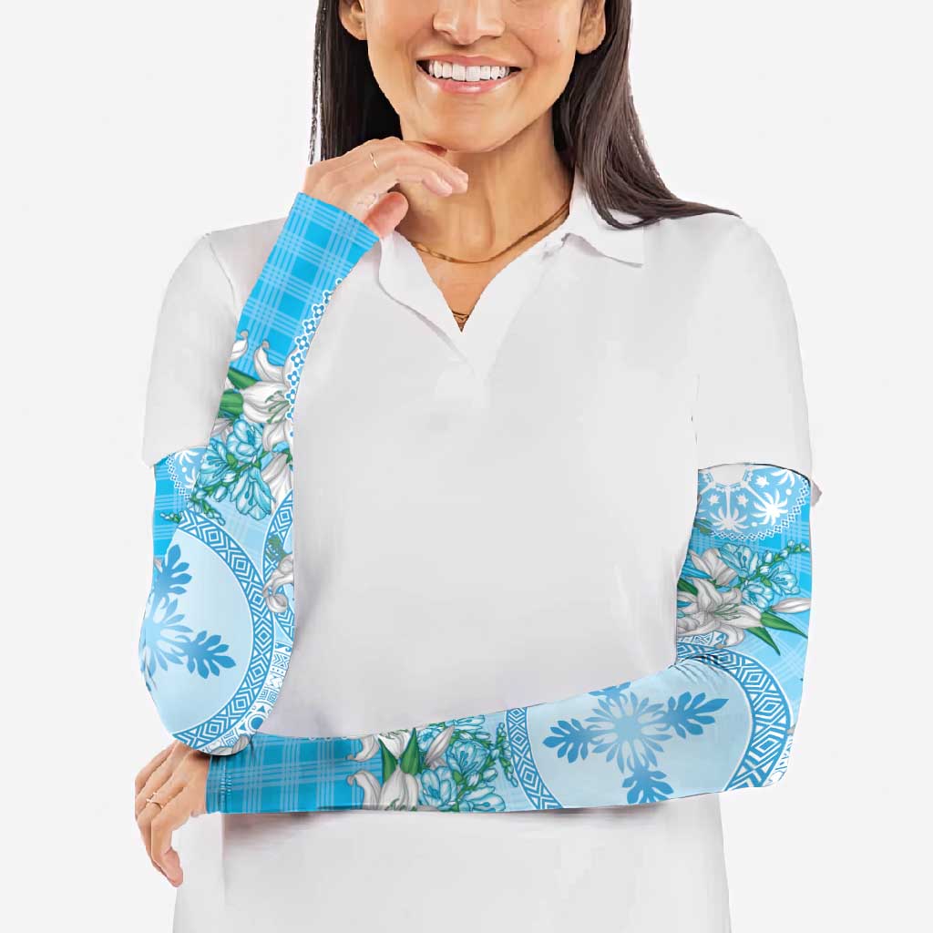Hawaii Cyan Palaka Arm Sleeves With Tapa Pattern Tropical Flowers - Polynesian Pride