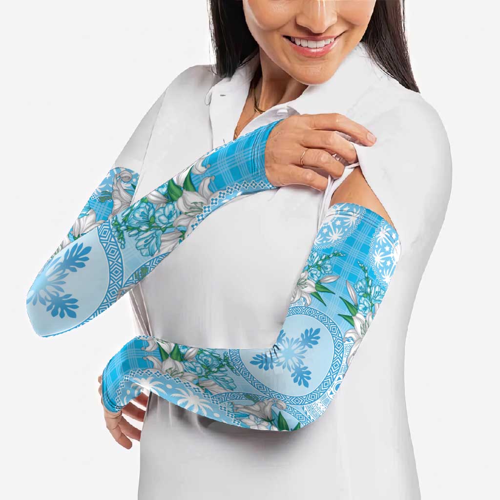 Hawaii Cyan Palaka Arm Sleeves With Tapa Pattern Tropical Flowers - Polynesian Pride