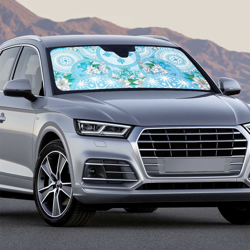 Hawaii Cyan Palaka Auto Sun Shade With Tapa Pattern Tropical Flowers - Polynesian Pride