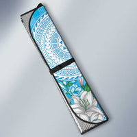Hawaii Cyan Palaka Auto Sun Shade With Tapa Pattern Tropical Flowers - Polynesian Pride