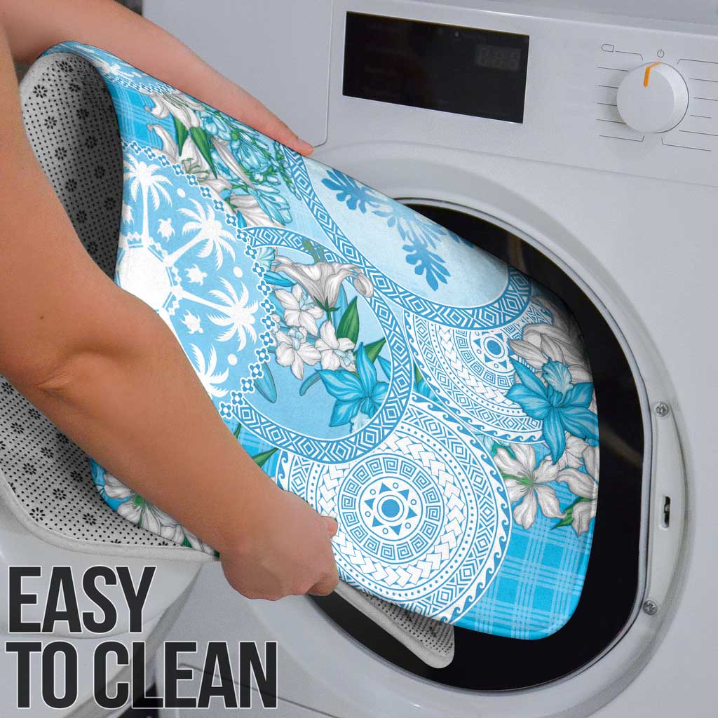 Hawaii Cyan Palaka Bathroom Set With Tapa Pattern Tropical Flowers - Polynesian Pride