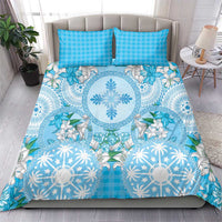 Hawaii Cyan Palaka Bedding Set With Tapa Pattern Tropical Flowers - Polynesian Pride