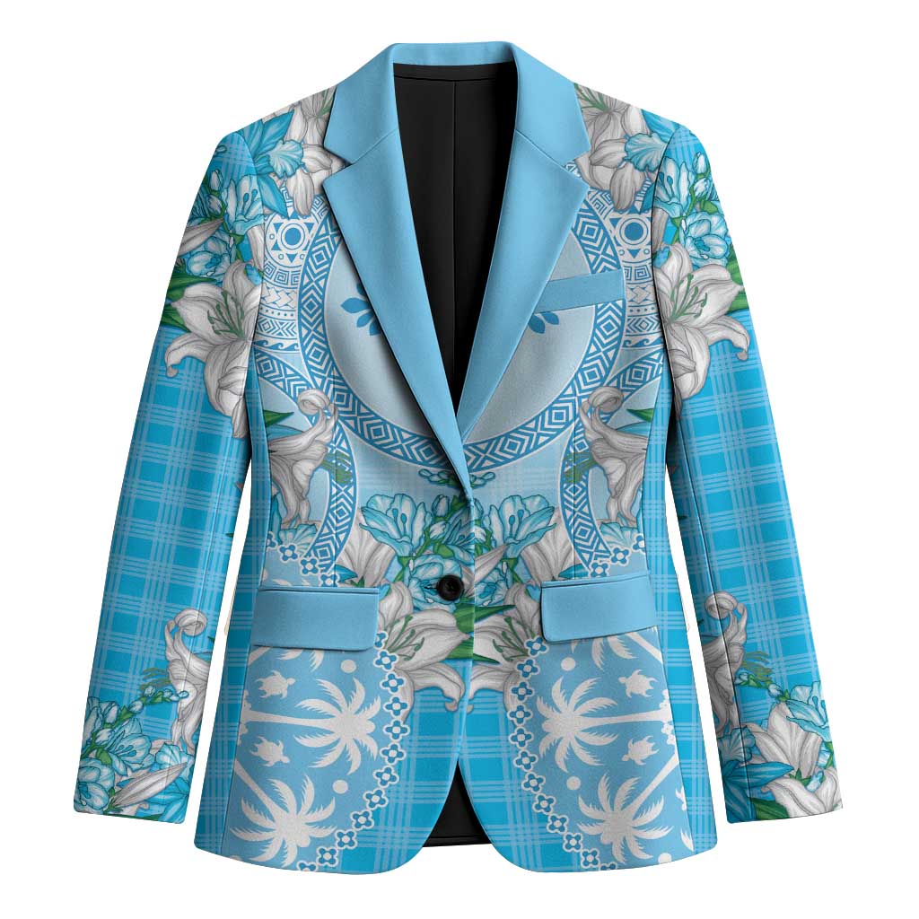 Hawaii Cyan Palaka Blazer With Tapa Pattern Tropical Flowers - Polynesian Pride