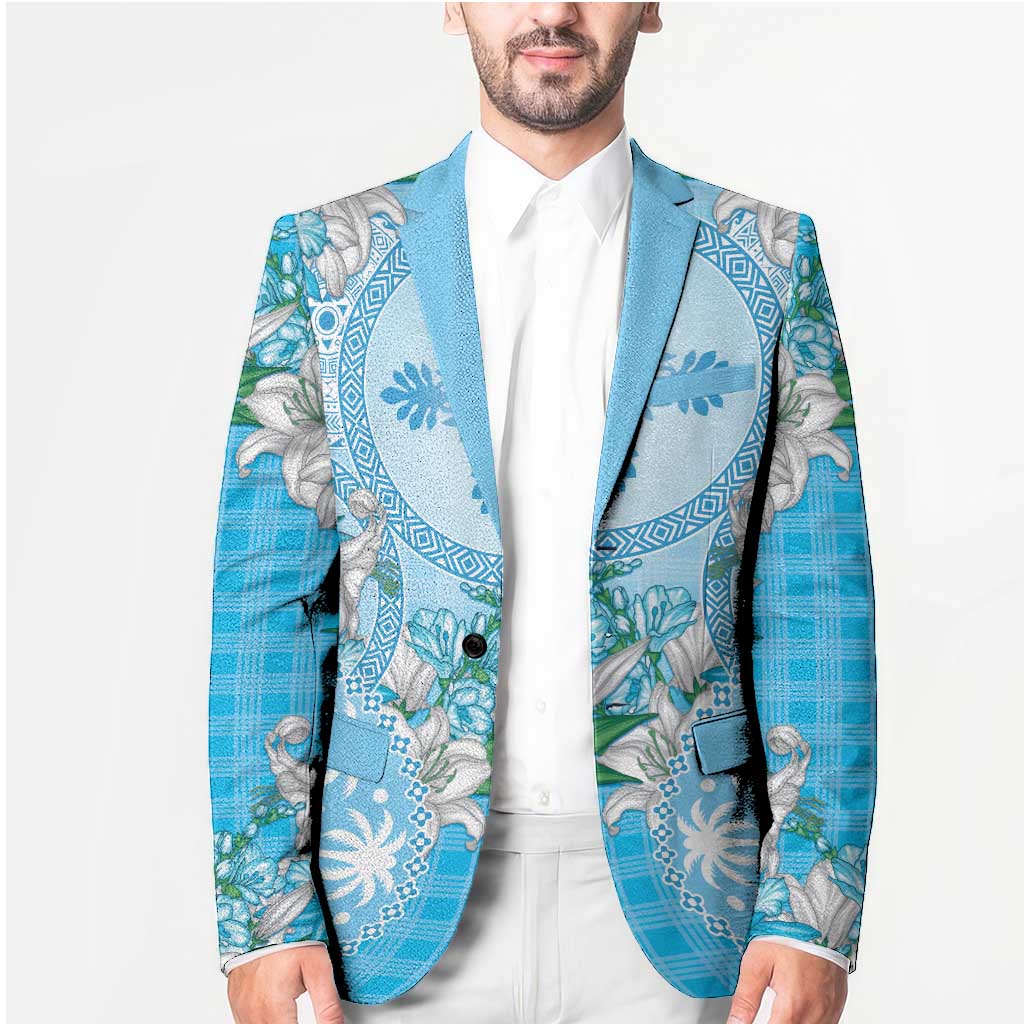 Hawaii Cyan Palaka Blazer With Tapa Pattern Tropical Flowers - Polynesian Pride