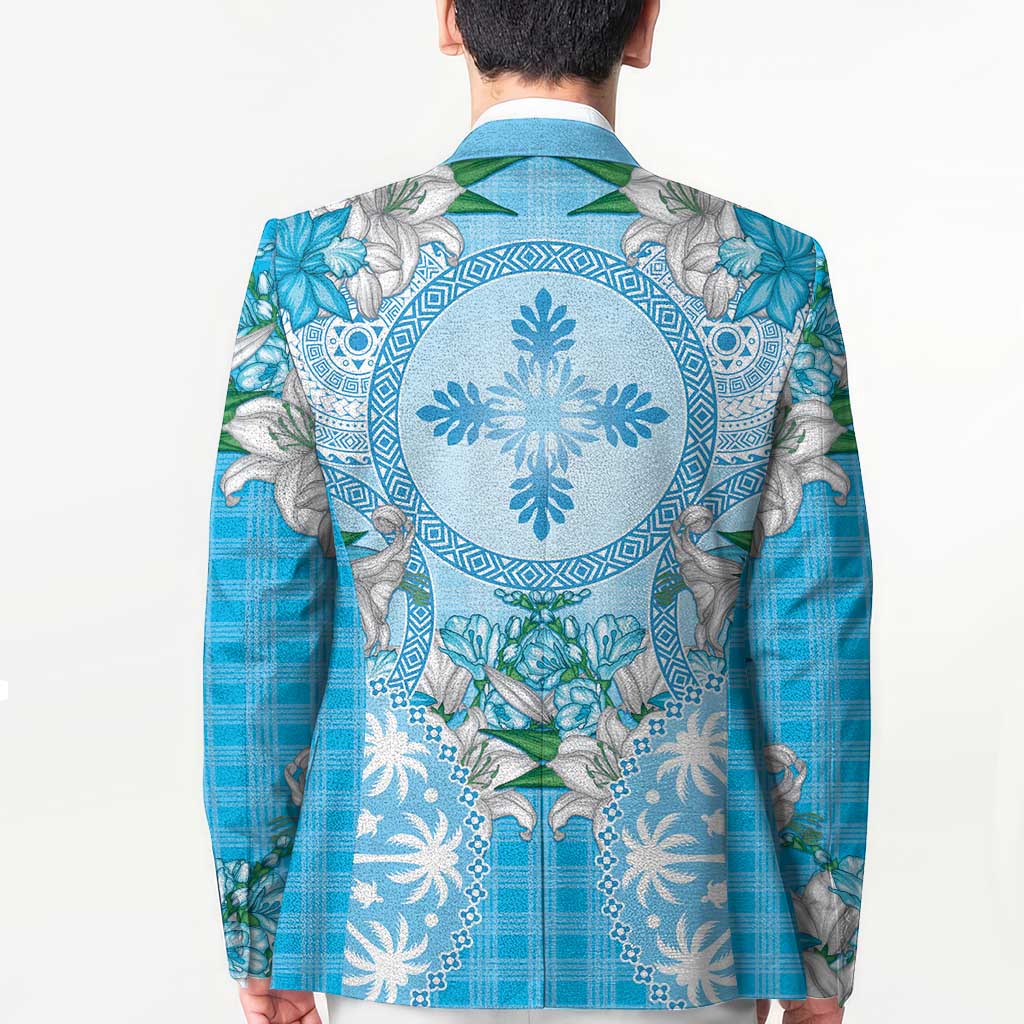 Hawaii Cyan Palaka Blazer With Tapa Pattern Tropical Flowers - Polynesian Pride