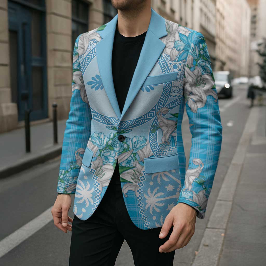 Hawaii Cyan Palaka Blazer With Tapa Pattern Tropical Flowers - Polynesian Pride