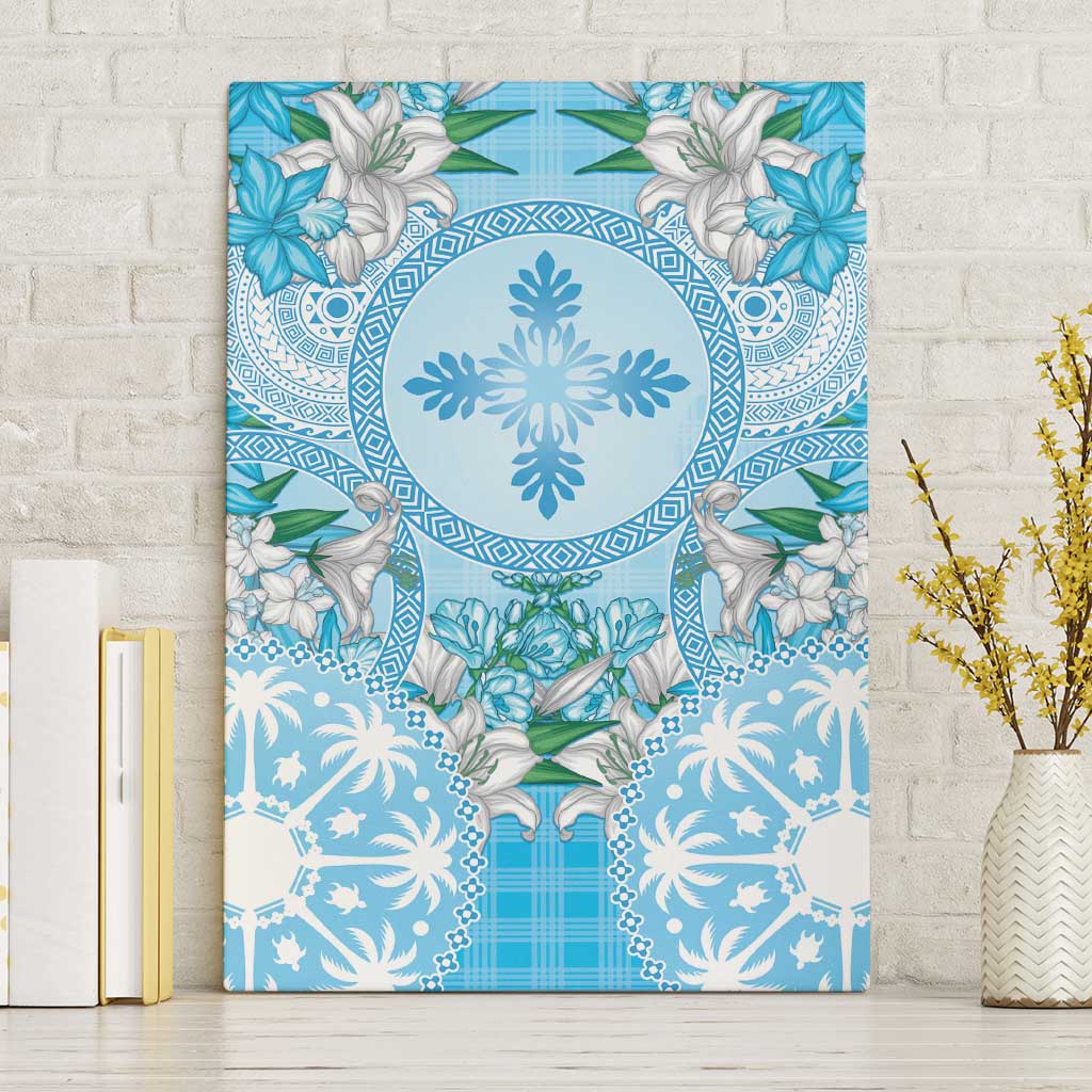 Hawaii Cyan Palaka Canvas Wall Art With Tapa Pattern Tropical Flowers - Polynesian Pride