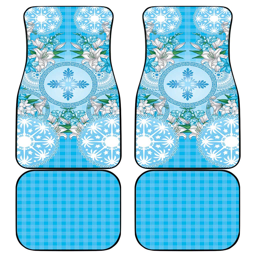 Hawaii Cyan Palaka Car Mats With Tapa Pattern Tropical Flowers - Polynesian Pride