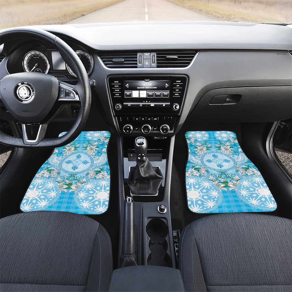 Hawaii Cyan Palaka Car Mats With Tapa Pattern Tropical Flowers - Polynesian Pride