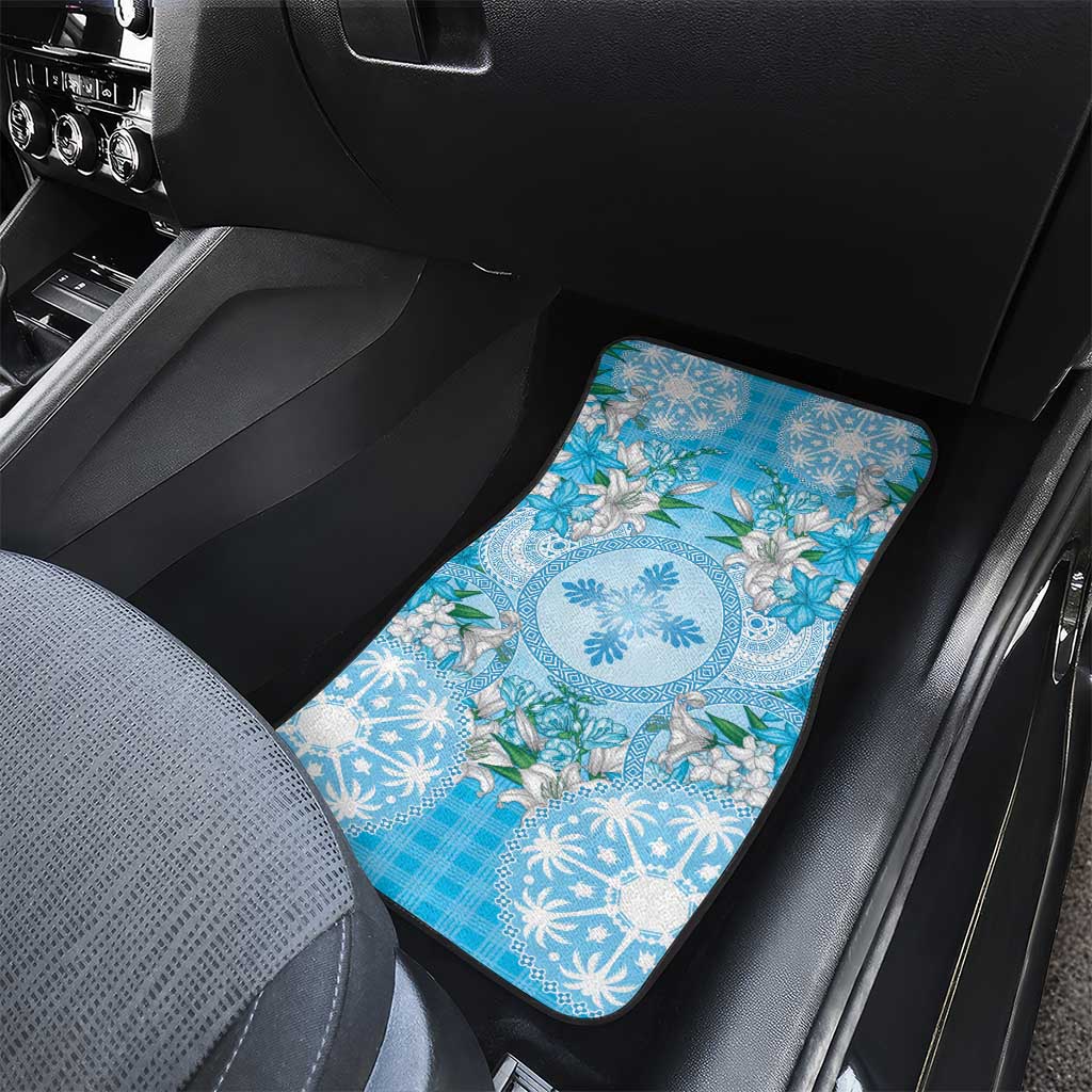 Hawaii Cyan Palaka Car Mats With Tapa Pattern Tropical Flowers - Polynesian Pride