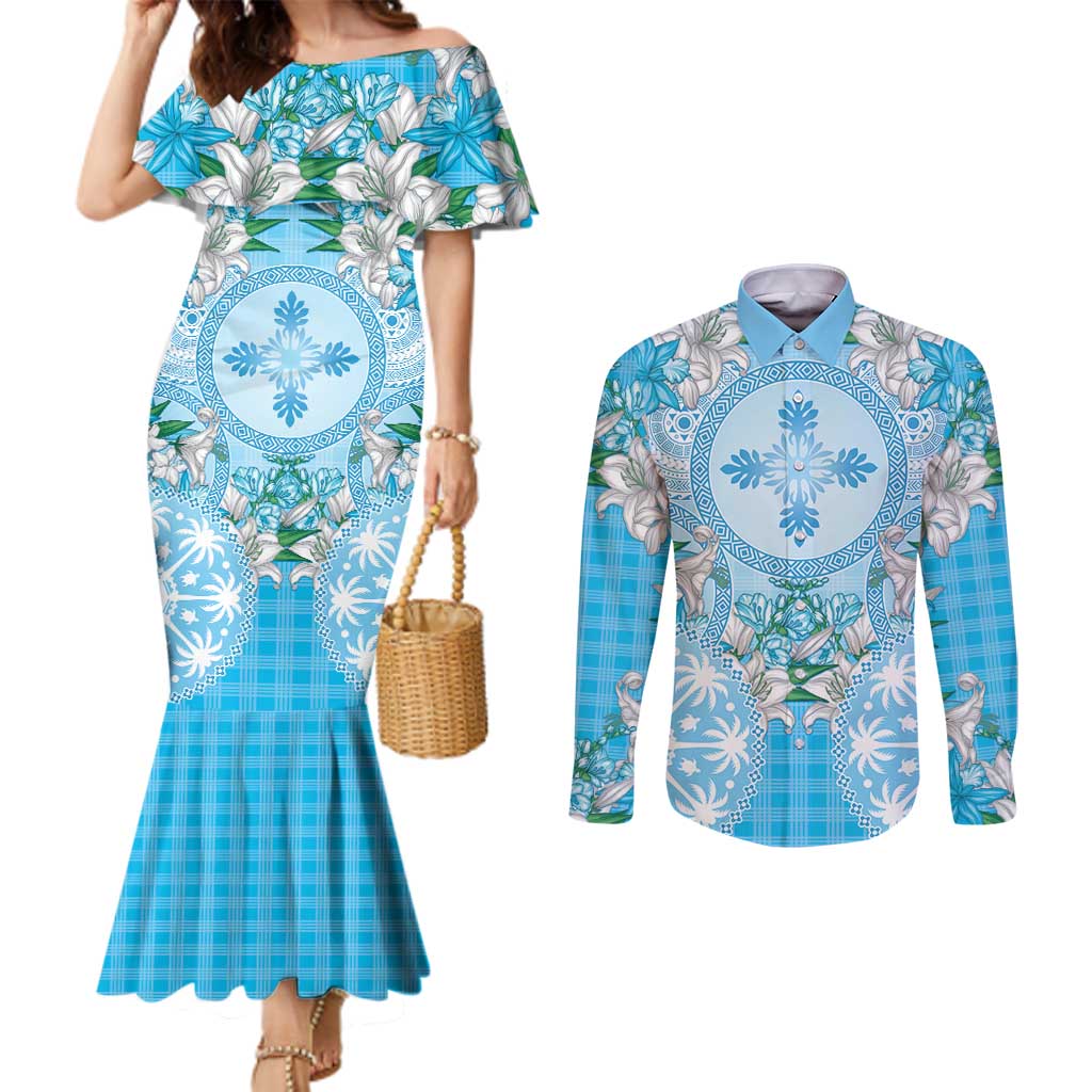 Hawaii Cyan Palaka Couples Matching Mermaid Dress and Long Sleeve Button Shirt With Tapa Pattern Tropical Flowers - Polynesian Pride